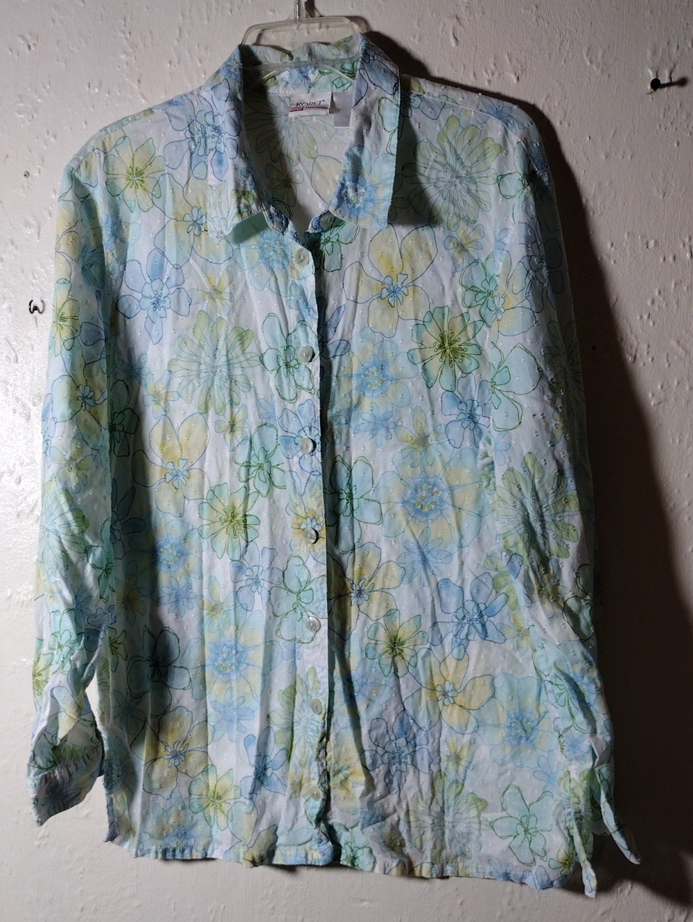 KORET,Size XL,Lightweight Floral Button-Up Shirt  - Blue,Yellow & Green